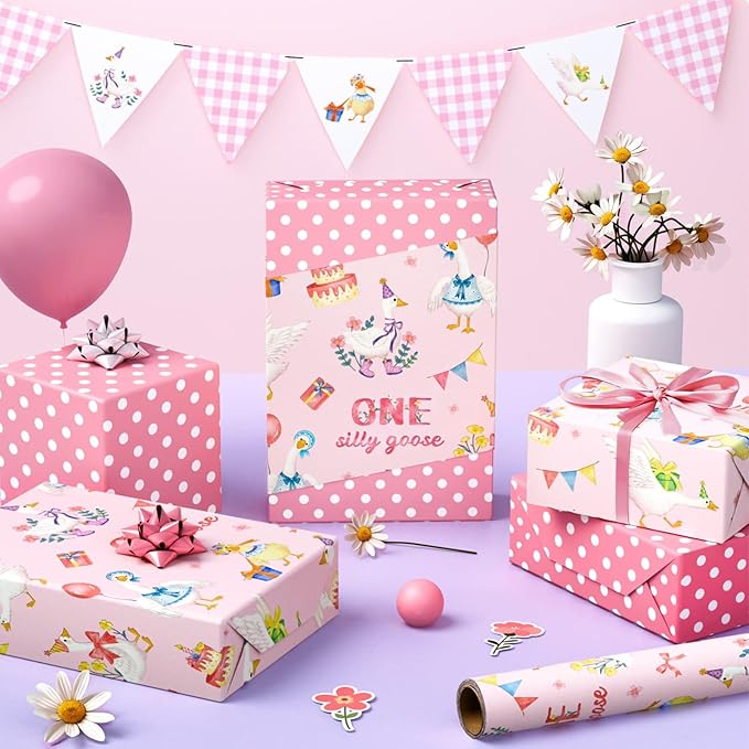 WERNNSAI Silly Goose Wrapping Paper - 1 Roll 17” x 33 ft 1st Birthday Wrapping Paper Pink Birthday Gift Wrap Baby Girls One Year Present Packing Wrap Baby Shower Reversible Design