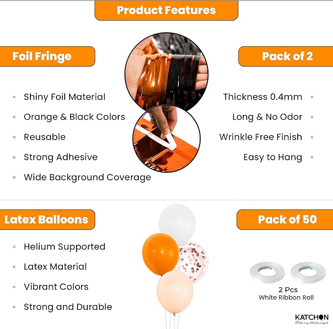 Katchon, Graduation Decoration Set - Pack Of 54 | Orange and Black Fringe Backdrop with Balloon Arch Kit | Orange and Black Party Decorations | Graduation Backdrop 2026