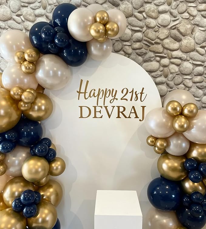 Navy Blue Gold White Balloon Arch Kit, Double Stuffed Pearl Sand White Royal Dark Blue Chrome Gold Confetti Balloons Garland Kit for Birthday Graduation 2026 New Years Party Decoration