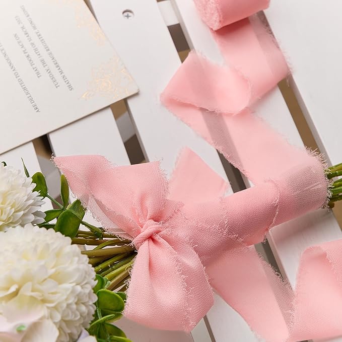 Pink Chiffon Ribbon 1.5" x 21 Yd Handmade Fringe Silk Chiffon Fabric Ribbon for Gift Wrapping Wedding Invitation Bridal Flower Bouquet DIY Crafts Home Decor