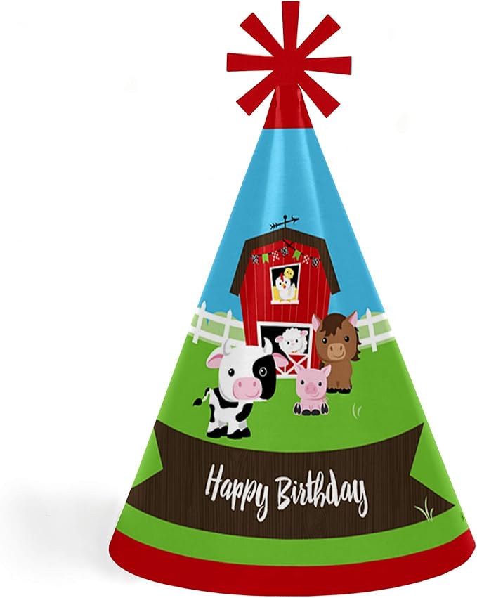 Big Dot of Happiness Farm Animals - Cone Party Hats for Kids and Adults - Set of 8