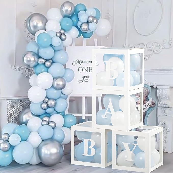 Voircoloria Baby Shower Decorations, 4pcs Transparent Balloon Boxes with Letters, Blue & White, Includes 36 Balloons & Adhesive Dots