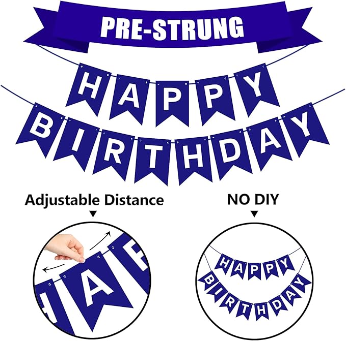 Pre-Strung Navy Blue Happy Birthday Banner Signs Party Decorations for Women Men Girls Boys