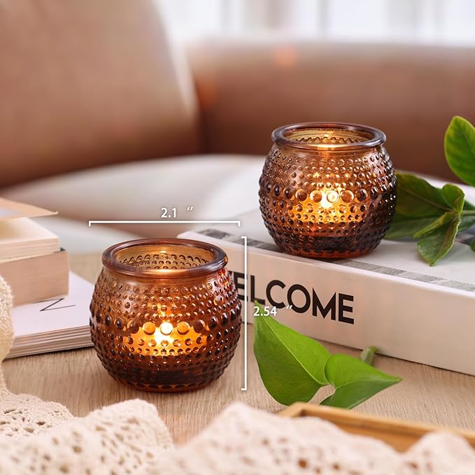 32 Pcs Amber Votive Candle Holders, Round Amber Glass Candle Holder with Polka Dot Embossed, Vintage Votive Candle Holders for Weddings, Home Decor, Baby Shower, Special Occasions