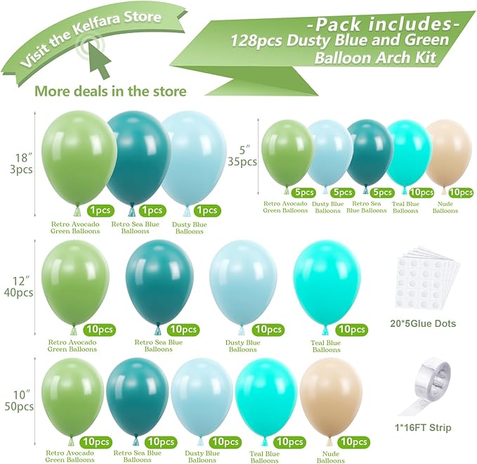 Kelfara 128Pcs Dusty Blue and Sage Green Balloon Garland Arch Kit, 18 12 10 5 inch Retro Avocado Teal Nude Balloons for Baby Shower Jungle Wedding Boho Birthday Party Decorations