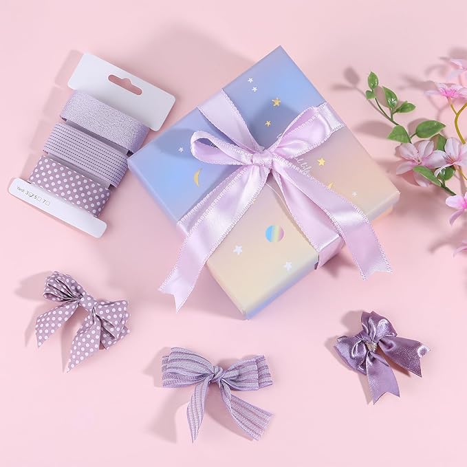 BEEFLYING 3 Styles Lavender Wire Edged Ribbons for Gift Wrapping, 25~28mm×2.7m Satin Ribbons for Wedding Party Decoration Hair Bows Flower Designs Sewing and Craft, 9 Yards