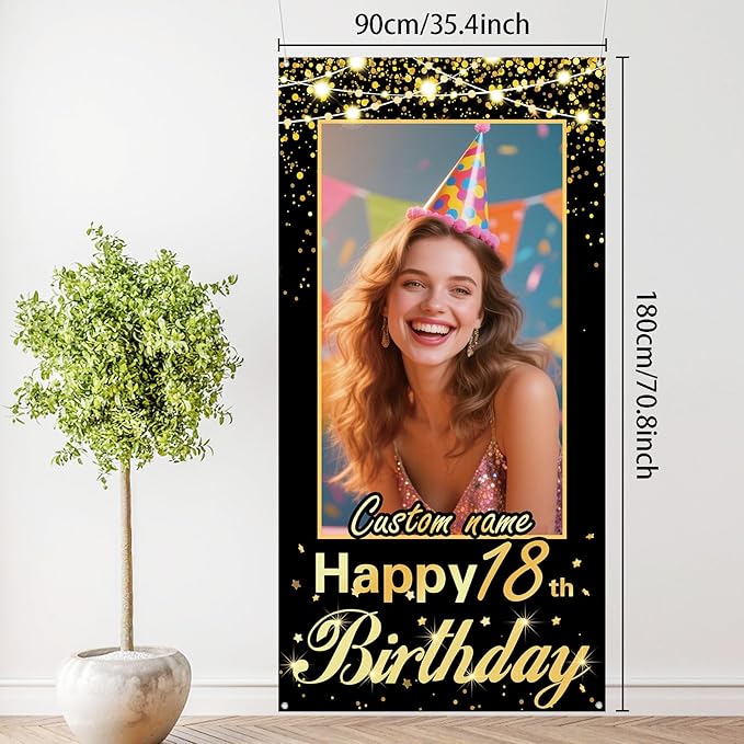 Personalized Happy Birthday Door Banner with Photo Custom Name Birthday Decorations Party Supplies for Women Men (Black and Gold)