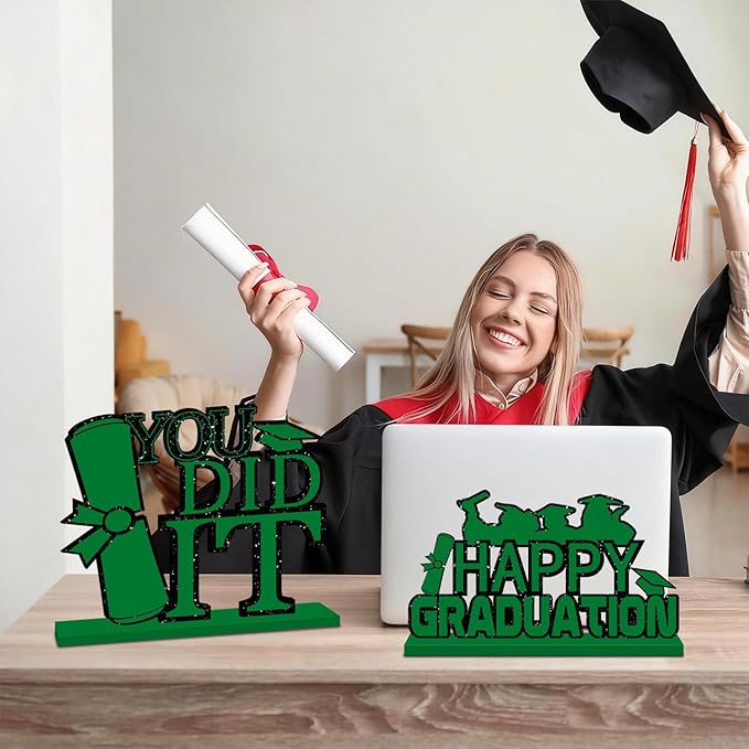 4Pcs Green Graduation Decorations Class of 2026 Congrats Grad Wooden Graduation Table Decorations for 2026 Graduation Party Decorations