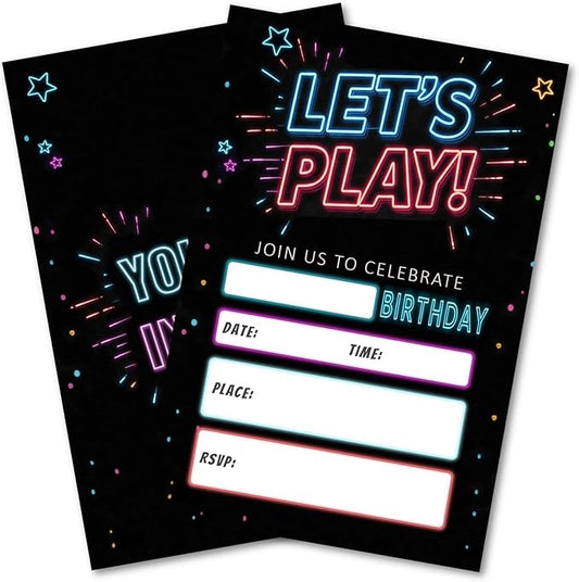 Birthday Party Invitations Let's Play Card Neon Starlight Kit, 25 Pcs 4x6 Inch, Modern Flashing Dark Black Invites for Boy Girl Kids Teens