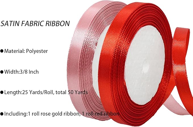 2 Rolls Red Rose Gold Ribbon, 3/8 Inch x 50 Yards Satin Rose Gold Red Fabric Ribbon for Flower Bouquets, Gift Wrapping, DIY Crafts, Birthday Cakes, Holiday, Wedding Party and Mother’s Day Decorations