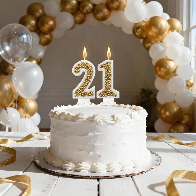 21 Birthday Number Candle for Cake, Glitter Number Candle with Gold Beads, Decorative Cake Topper for Milestone Celebrations