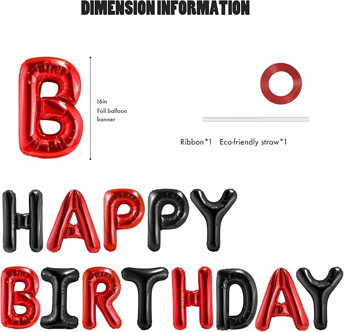 CANREVEL Happy Birthday Banner 13pcs 16 Inch Mylar Foil Letters Sign Balloons Birthday Party Decorations for Kids and Adults - 3D Black Red