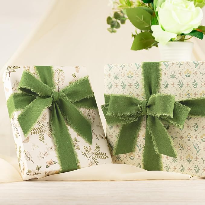 Moss Green Cotton Ribbon 1 Inch Moss Green 3 Rolls 21 Yards Frayed Edge Fabric Set for Rustic Wedding Decor, Bridal Bouquet Wrap, Woodland Theme Party, Baby Shower & Wreath Making