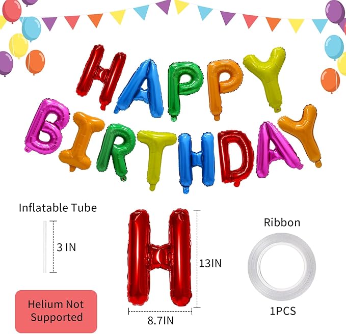Rainbow Happy Birthday Balloon Banner, 16 Inch Foil Mylar Happy Birthday Balloons Letters, Reusable Colorful Happy Birthday Sign, Rainbow Birthday Decorations for Women, Boys and Girls