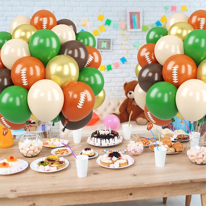 Football Balloons, 50PCS 12inch Party Balloons Dark Green Gold Black Beige Ballons Football Printed Balloons For Boys Game Sports Birthday Party Football Themed Decorations