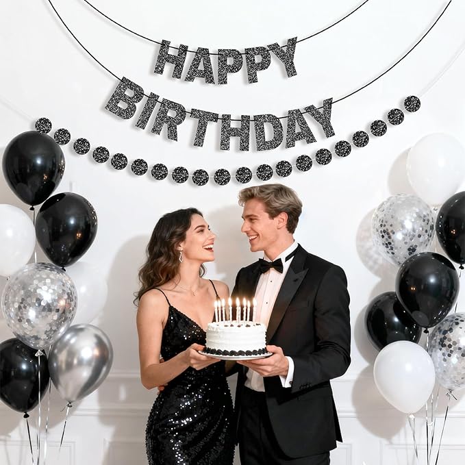GCQQ Black Happy Birthday Banner Set - No DIY Glitter 3M Birthday Banners and 2.5M Dot Garlands Pre-Strung Black Theme Party Decorations for Men Women Birthday Party Backdrop