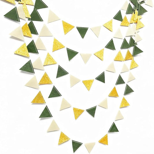 Sage Green Gold Party Decorations Oilve Green Beige Gold Glitter Felt Triangle Mini Banner Bunting Pennant Flag for Baby Shower Birthday Wedding Jungle Woodland Safari Party Nursery Classroom Decor