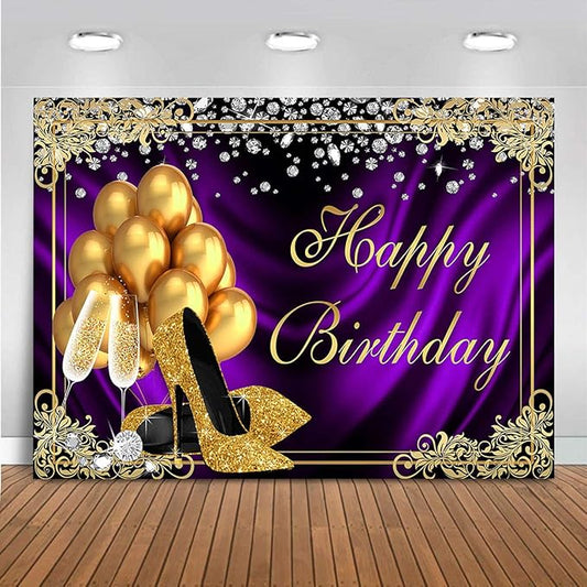 Mocsicka Royal Purple Birthday Backdrop Shiny Diamond Gold Heels Champagne Photography Background Adults Women Happy Birthday Golden Frame Party Decorations Supplies Photo Props (5x3ft)
