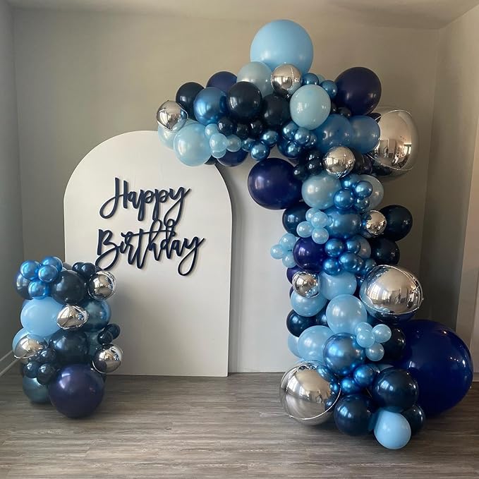 Blue Balloon Arch Kit, 102pcs Navy Blue Silver Blue Metallic Blue Difference Sizes Latex Balloons with 16ft Tape Strip & Dot Glue for Baby Shower, Birthday, Graduation Decoration