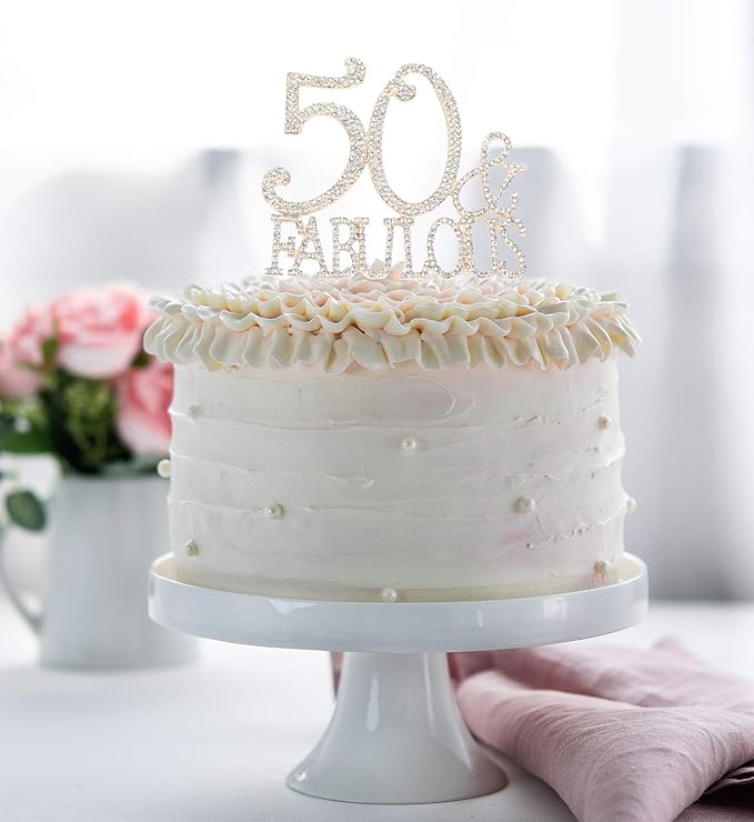 50 & Fabulous Cake Topper 50 Years Birthday Or 50th Wedding Anniversary Gold Crystal Rhinestone Party Decoration