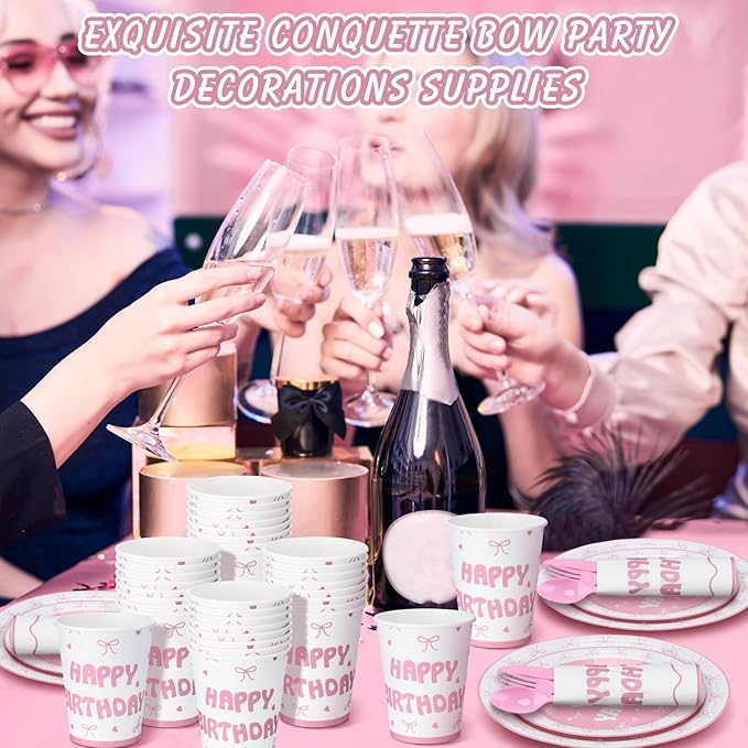 168 Pcs Bow Party Favors Coquette Birthday Decorations Wedding Spring Pink Bow Birthday Supplies Includes Pink Napkins Plates Forks and Theme Tableware Party Supplies Decor