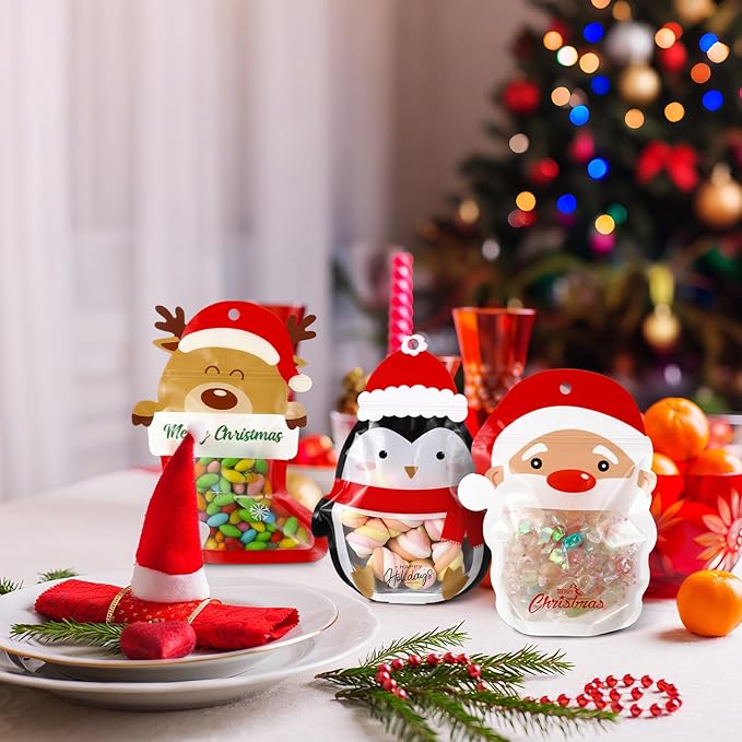 Resurhang 60 Pcs Christmas Treat Bags Candy Zipper Cute Reindeer Penguin Santa Claus Food Goodie Gifts Bags Resealable Christmas Snack Candy Containers with Handle for Xmas Party Supplies
