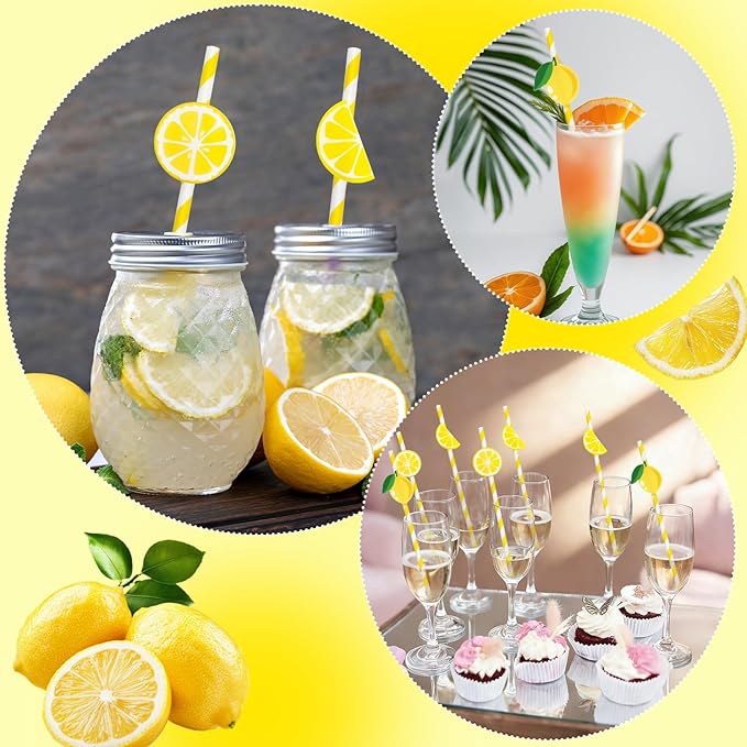 JANYUN 60 Pieces Lemon Paper Straws, 3 Styles of Lemon Decor Paper Drinking Straws for Party Decorations