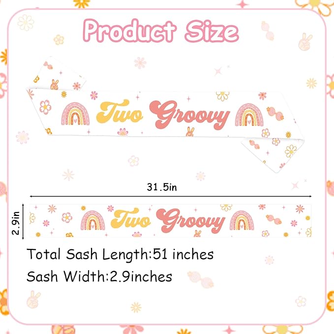 Boho Groovy 2nd Birthday Party Favor Two Groovy Birthday Sash Retro Hippie Boho Bday Decoration for Daisy Flower Happy 2 Year Old Bday Girl Retro Hippie 2nd Party Supply Gift