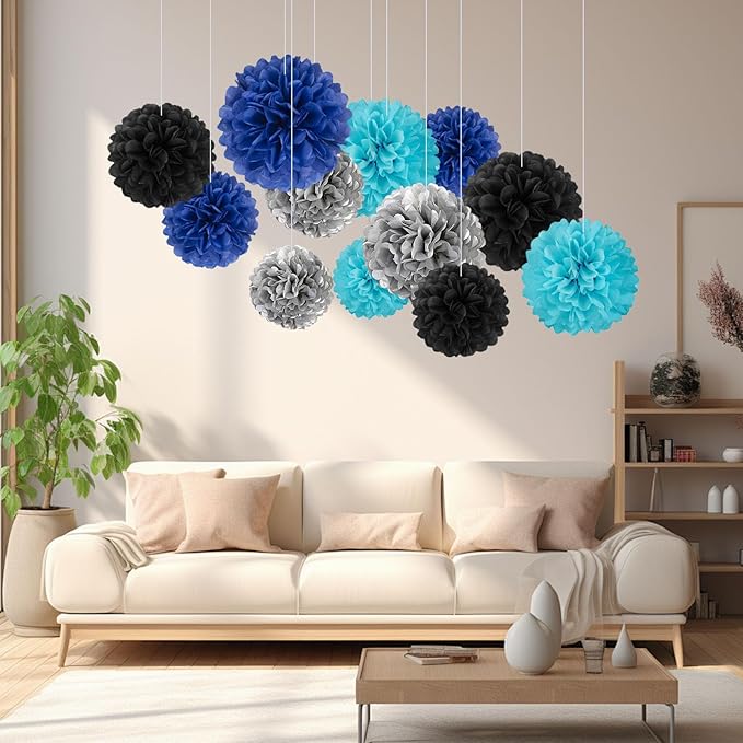 20 PCS Tissue Paper Pom Poms, Tissue Pom Poms Flowers, Sizes of 6", 10", 12", 14" Hanging Paper Flower Ball for Wedding, Birthday, Graduation, Baby Shower Party Decor (Black Silver Blue)