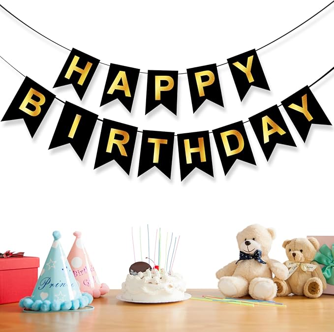 Happy Birthday Banner,Pre-Strung Black and Gold Party Decorations，16ft Pre-Strung Hanging Sign for Kids, Girls, Boys, Women – No DIY, Backdrop Supplies