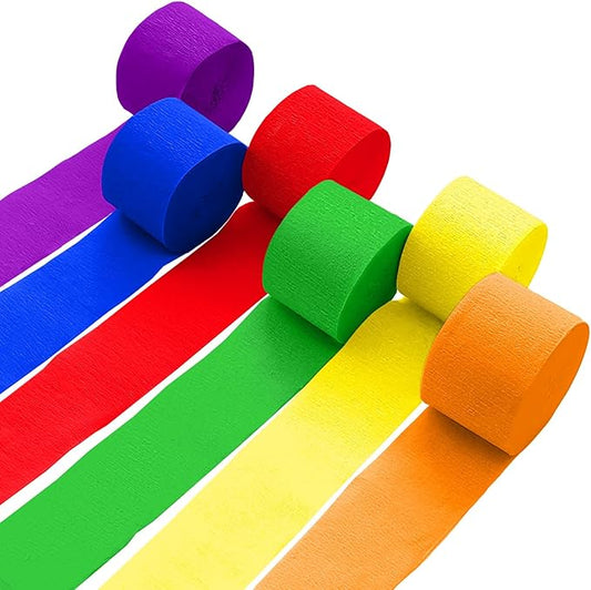 6 Crepe Paper Streamers Rolls, 492ft 6 Colors Rainbow Streamers for Birthday Wedding Bachelorette Party Decorations, DIY Crafts Supplies (1.8 inch x 82 ft/Roll)
