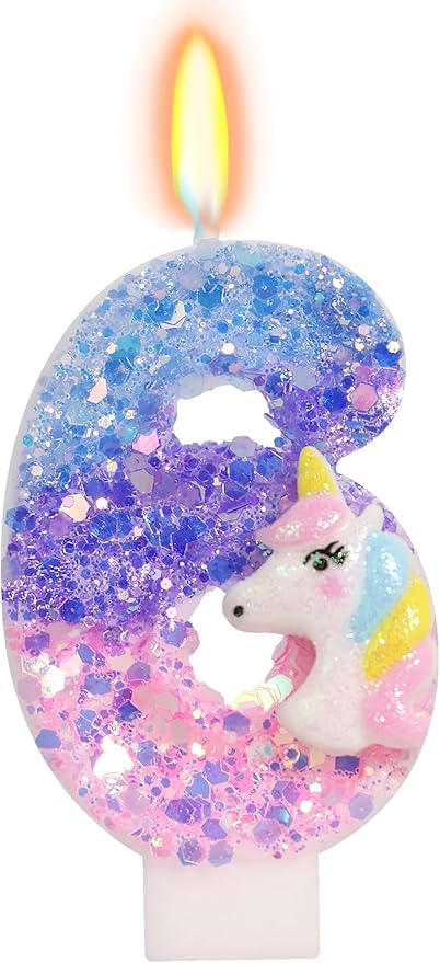 Unicorn Candle - Number 6 Candle, 6th Birthday Decorations for Girls, Colorful Sequins Birthday Candles for Cake, Cartoon Unicorn Theme Party Decorations