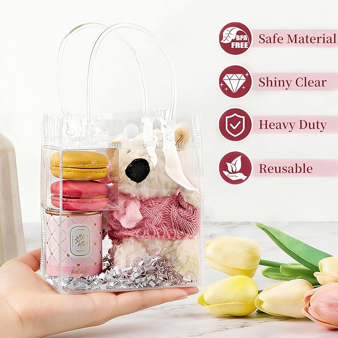 Jutieuo 50 PCS Clear Plastic Gift Bags with Handles, 4.9 x 5.9 x 2.8 inches Small Reusable Transparent Party Favor Bags PVC Goodie Bags Bulk for Weddings, Baby Showers, Birthdays