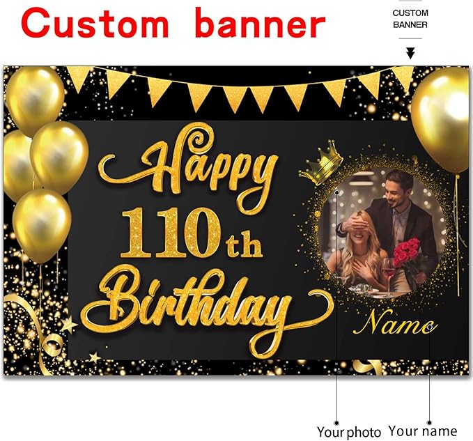 Custom Happy 110th Birthday Decorations Banner -110 Years Old Backdrop for Women Men Boys Girls - Personalization Party Supplies Black and Gold