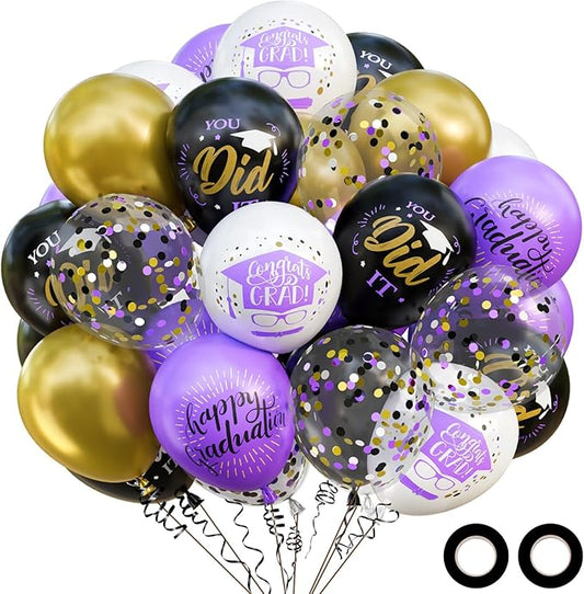 OuMuaMua 74 Pack Graduation Party Decorations Balloons Set - 12 Inch Black Purple Metallic Gold White Confetti Graduation Balloons for Class of 2026 Grad Birthday Party Decor Supplies