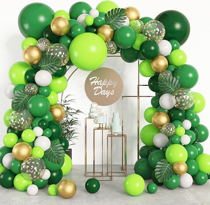 Amandir 163Pcs Jungle Party Balloons Garland Arch Kit, Gold Lime Green Balloons with Artificial Tropical Palm Leaves for Dinosaur Safari Decorations Wild One Birthday St Patricks Day Party Supplies