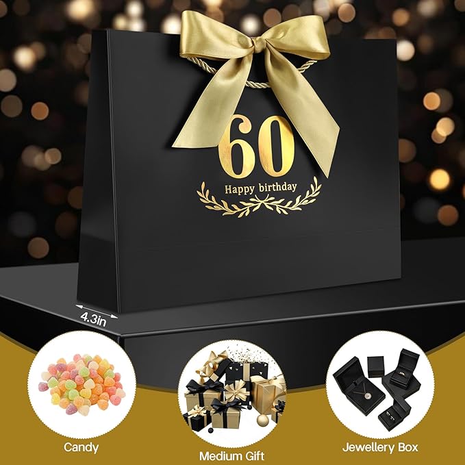 JMANNI Black Gold 60th Birthday Gift Bag with Card and Tissue Paper, 12.6"×9.84"×3.9" Elegant Present Bag for Men Women, 60 Year Old Birthday Keepsake Party Supplies