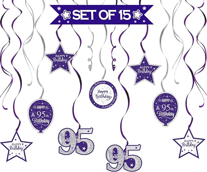 Happy 95th Birthday Purple & Silver Glitter Swirls Streamers Party Decorations - 15 Pcs 95th Birthday Hanging Swirls Streamers Kit,Perfect for 95th Bday Party Sign.