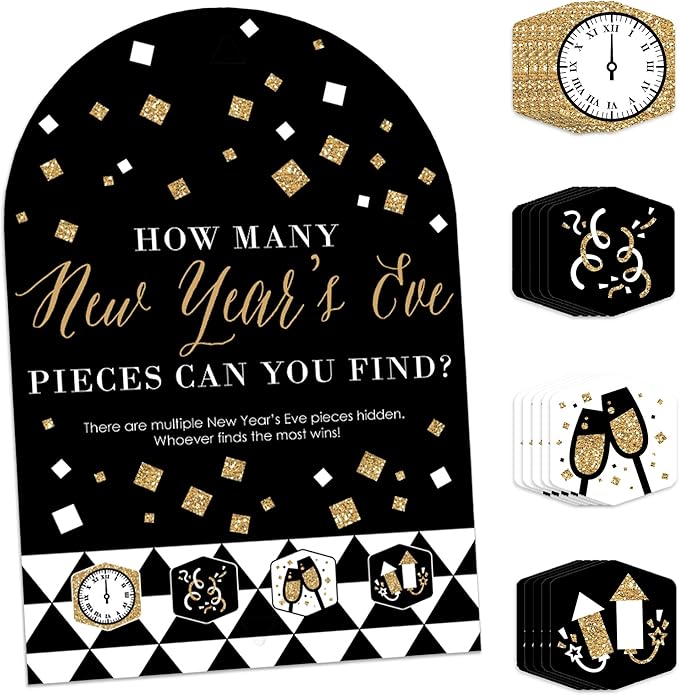 Big Dot of Happiness New Year’s Eve - Gold - New Years Eve Party Scavenger Hunt - 1 Stand and 48 Game Pieces - Hide and Find Game