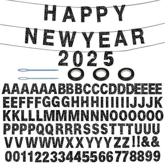 116 Pcs DIY Glitter Custom Banner Kit - Custom Banner Including 111 Letters and Numbers, 3 Rope and 2 Threading Devices for Personalized Decor for Halloween Party, Birthday (Black)