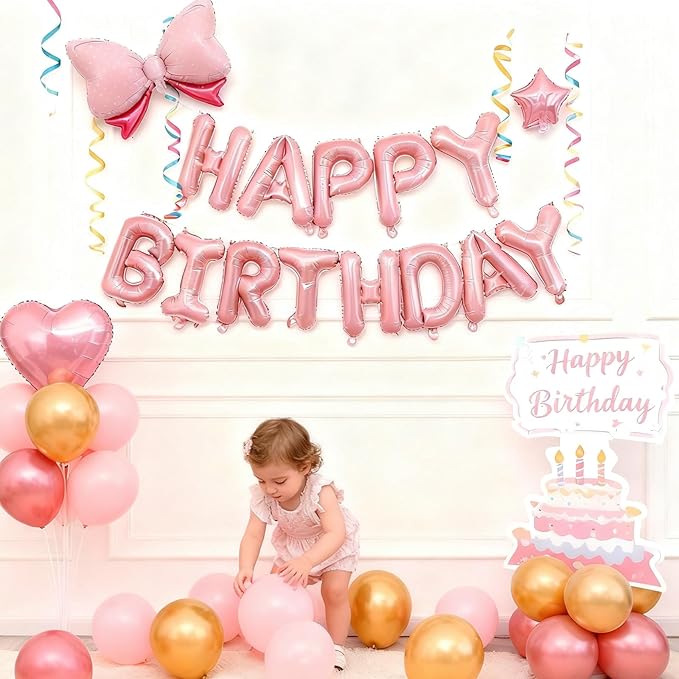 Pink Happy Birthday Balloon Banner Set -16 Inch Foil Letters Balloons, Reusable Birthday Decorations and Party Supplies, Suitable for Men and Women's Birthday Decorations，Party Backdrop