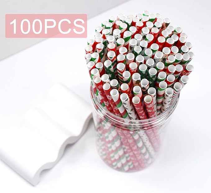 100 Christmas Paper Straws, 8 Styles Red Green White Gold Biodegradable Party Drinking Straws with Stripe, Wave, Christmas Tree Snowflake Design Decorations Supplies
