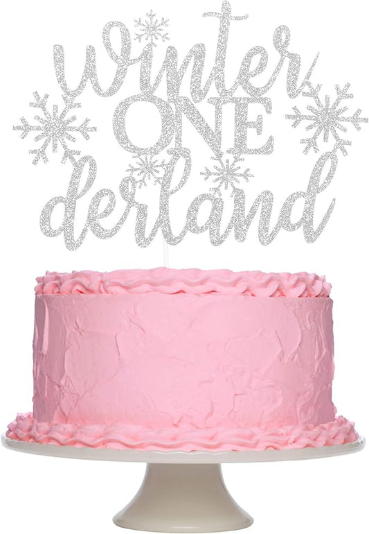 TeePolly Silver Glitter Winter Onederland 1st Birthday Cake Topper - 1 Pc, 6.6" x 4.8" - Silver