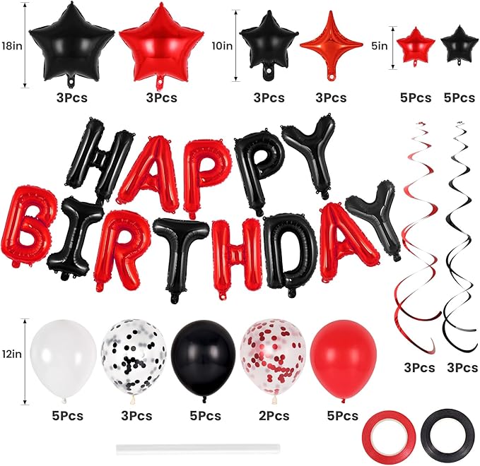 55 Pcs Happy Birthday Balloons Letters Banner with 35 Pcs Star Foil Balloon, 20 Pcs Latex Balloons, 6 Hanging Swirls for Women Men Boys Girls Birthday Party Decorations Set ﻿ (Black and Red)