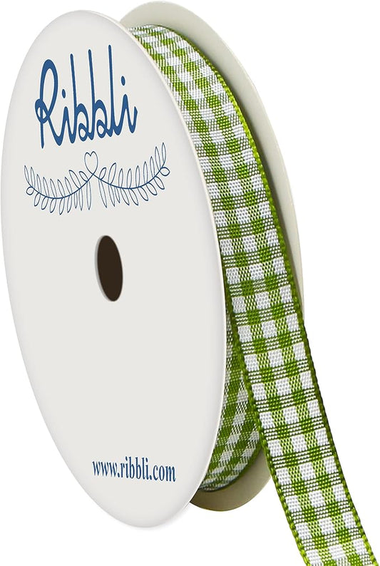 Ribbli Moss Green and White Gingham Ribbon,100% Polyester Woven Edge,3/8 Inch x 10 Yard,Plaid Ribbon Use for Gift Wrapping,Party Decoration