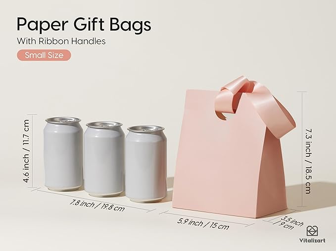 Vitalizart Paper Gift Bags With Ribbon Handles Set of 10 Pink Bulk Reusable For Gift Wrap Girls Kids Birthday Bridal Shower Party Favors Goodie Bags Candy Christmas 5.91"x3.54"x7.28" Small Size