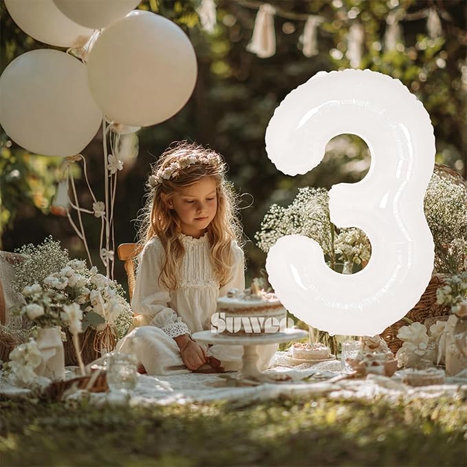 SUWEN 40 Inch White Large 3 Balloon Number Big Foil Helium Number Balloons 0-9 Giant Jumbo Happy 3rd Birthday Party Decorations for Boy or Girl Huge Mylar Anniversary Party Supplies