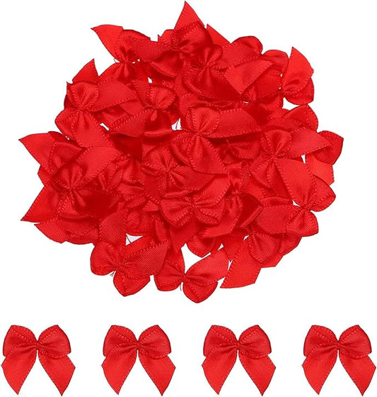 MECCANIXITY 50Pcs Mini Ribbon Bow 1" Mini Fabric Satin Ribbon Flower Bows for Craft DIY Sewing Wedding Birthday Party Red