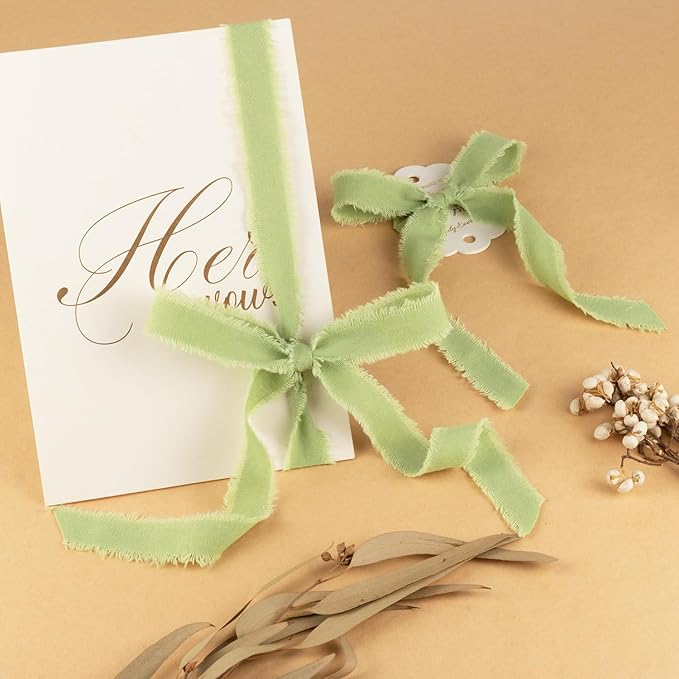 Sage Green Cotton Ribbon 5/8 Inch Sage Green 3 Rolls 21 Yards Frayed Edge Fabric Set for Wedding Invitations, Bridal Bouquet Wrap, Baby Shower Decor, Garden Party & Gift Wrapping