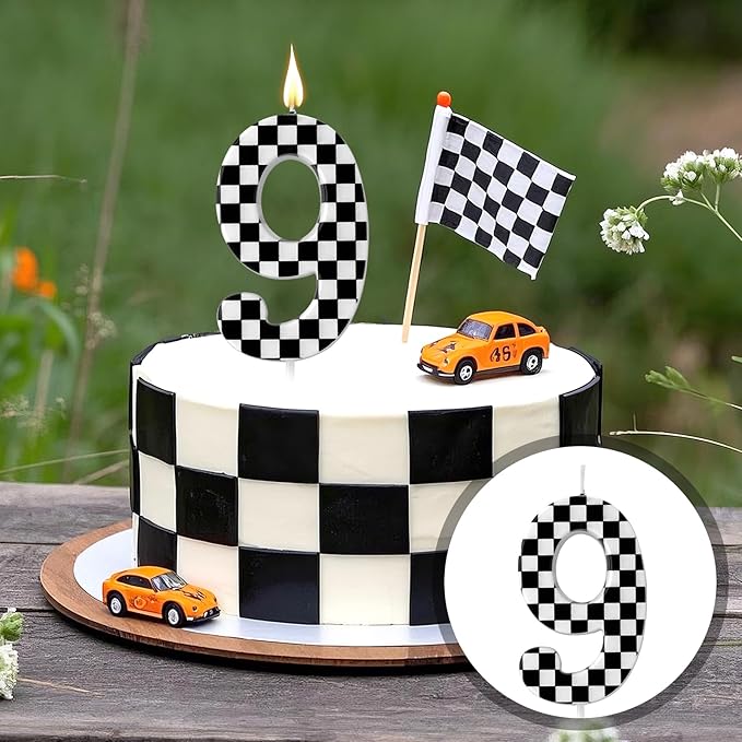 Racing Cars Themed Birthday Candle, Checkered Flag Number Candles Black and White Candles Happy Birthday Cake Topper Party Decorations for Boys Racing Cars Themed Party Supplies (Number 9)